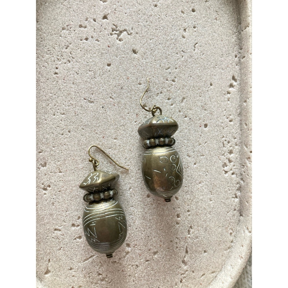 Vintage‎ Brass Tone Earrings Engraved Tribal Ethnic Urn Vessel Dangle Tribal
